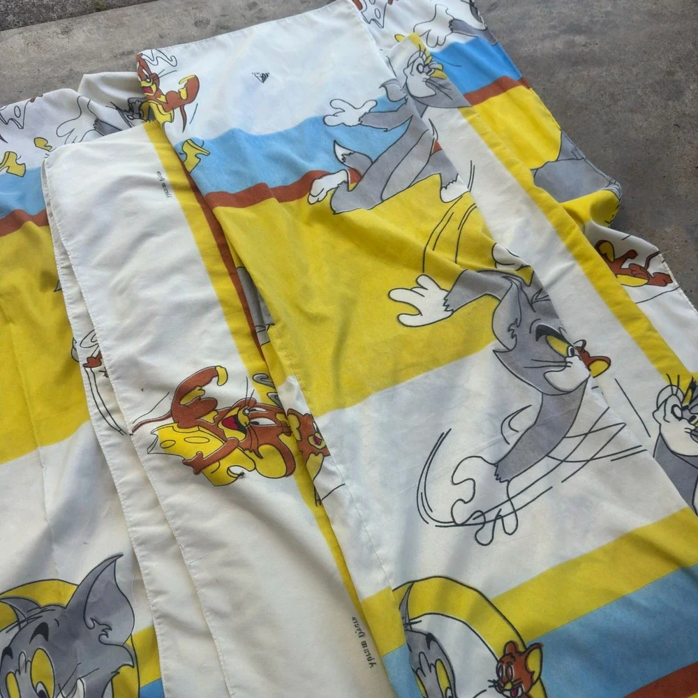 Vintage 90s Abram Dyers Tom and Jerry 2 Sheets Flat + Pillowcase Set Blue g5a